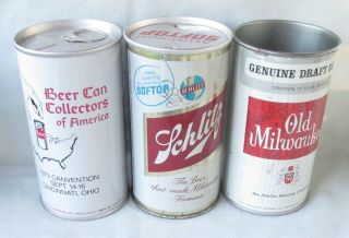 3 Diff Vtg Schlitz 12 Oz Beer Cans - 1960 Softop - 1971 Old Milwaukee - 1973 Bcca