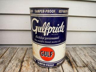 Vintage 5 Quart Gulf Oil Co.  Gulfpride Motor Oil Can Nr Man Cave