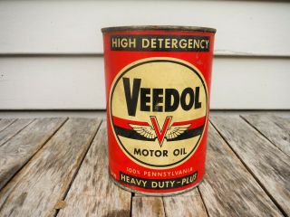 Vintage 1 Quart Veedol Heavy Duty Motor Oil Can Metal Quart Man Cave