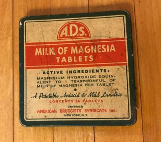 Rare Antique/vintage A.  D.  S.  Milk Of Magnesia Tablets Medicine Tin Case Box Pack