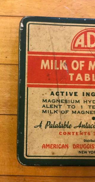 RARE Antique/Vintage A.  D.  S.  MILK OF MAGNESIA TABLETS Medicine Tin Case Box Pack 2