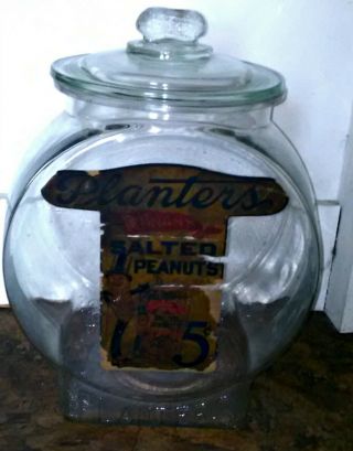 Vintage Planters Peanut Glass Store Display Jar Paper Label Peanut Lid