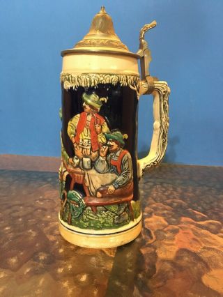 Vintage German Ceramic 9 " Beer Stein With Flip Open Pewter Lid / Bar Pub Scene