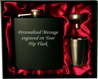 Engraved Steel Hip Flask Black 6oz In Gift Box With Funnel & 4 Shots (red Liner)