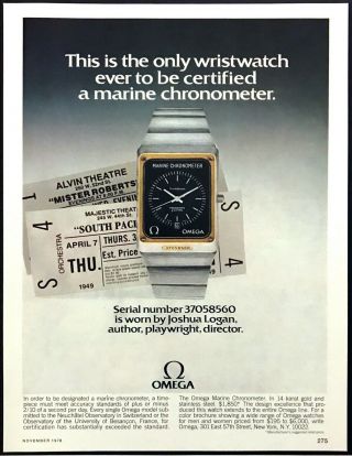 1978 Omega Marine Chronometer Of Writer Joshua Logan Photo Vintage Print Ad