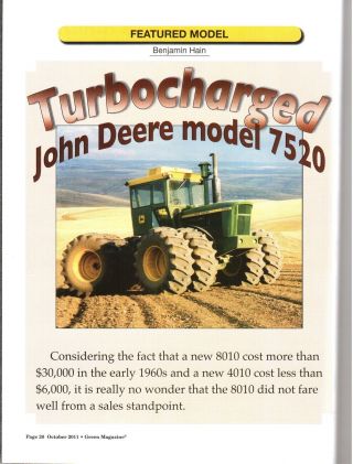 John Deere Model 7520 Tractor,  Early Pull Type Combines No 1 2 5 6 7 36 33 35
