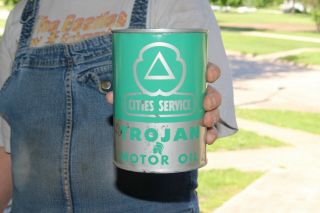 Vintage Cities Service Trojan Motor Oil Metal 1 Quart Can Gas Station Sign Full