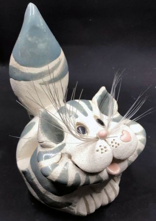 Art Pottery Cat Business Card Holder Handmade Gray & Cream Artist Sherri Pence