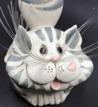 Art Pottery Cat Business Card Holder Handmade Gray & Cream Artist Sherri Pence 2