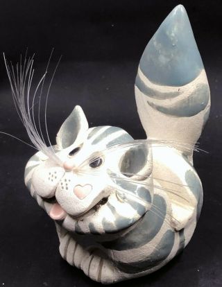 Art Pottery Cat Business Card Holder Handmade Gray & Cream Artist Sherri Pence 4