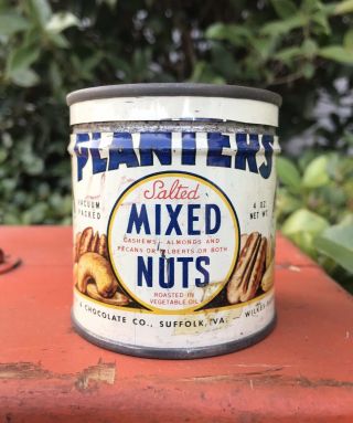 Vhtf Vintage 1944 Planters Mr.  Peanut Salted Mixed Nuts Tin 4 Ounce Size W/ Lid