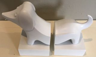 Jonathan Adler Reversible Solid White & Blue Paisley Dachshund Dog Bookends