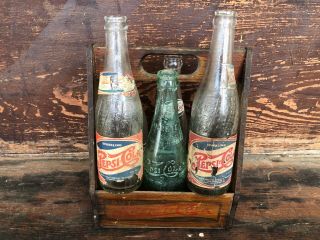Vtg Antique 1940s Pepsi Cola Double Dot Wood Crate Carrier Paper Label Bottles