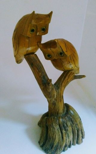 Hand - Man Carved Owls Vintage Wood Artisan Wright Pre - Owned