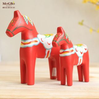 Set Of 2 Traditional Swedish Handmade Wooden Dala Horse Red Figurine Ornament