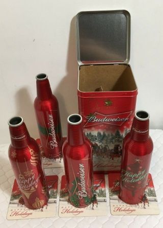 Budweiser 2007 Christmas Happy Holiday Tin With 4 Aluminum Bottles & 4 Coasters
