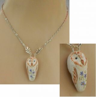 Necklace Owl Pendant Silver Jewelry Handmade Chain Hand Sculpted Polymer Clay