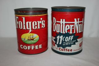 Vintage Set 2 Tin Coffee Cans Folgers Butternut Ship Boat 1952