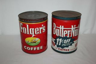 Vintage Set 2 Tin Coffee Cans Folgers Butternut Ship Boat 1952 4