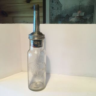 Standard Oil Vintage Embossed Glass Bottle Iso Vis " D " S.  A.  E.  30 Tin Metal Spout