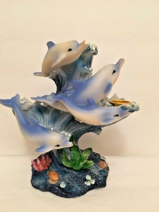 Candle Holder 4 Dolphins Swimming Waves Ocean Base Plants Sea Shells 6 1/2 " T