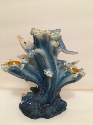 Candle Holder 4 Dolphins Swimming Waves Ocean Base Plants Sea Shells 6 1/2 