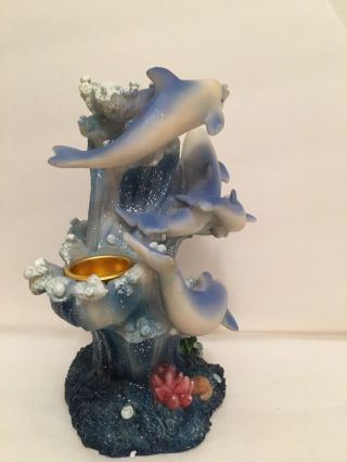 Candle Holder 4 Dolphins Swimming Waves Ocean Base Plants Sea Shells 6 1/2 