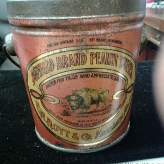 Antique Buffalo Brand Peanut Butter 1lb Tin Litho Pail Can F.  M.  Hoyt & Co Mass