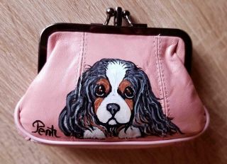 Pink Leather Coin Purse - Hand Painted Cavalier King Charles Spaniel