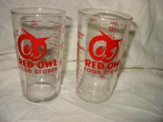 Vintage Red Owl Food Grocery Store Advertising Measuring Cup Glasses Libbey