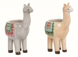 Set Of 2 Alpaca Llama Ceramic Planter Container Figures 7.  5 " Tall