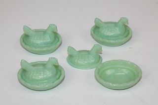 Set Of 4 Jadeite Jade Milk Glass Hen On Nest Open Salt Dish Cellar Dishes Glass
