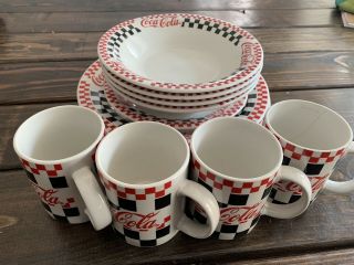 13 Pc Gibson Dinnerware Coca - Cola Brand Checkered Dinner Plates Cereal Bowls Cup