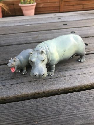 Vintage Safari Hippopotamus And Baby Figurine Gray Pvc 1996 Safari Ltd.  5 " Long