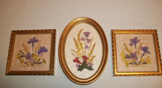 3 Vtg Floralp Tyrol Pressed Flower Pictures,  Ivory Hand Beaded Evening Bag