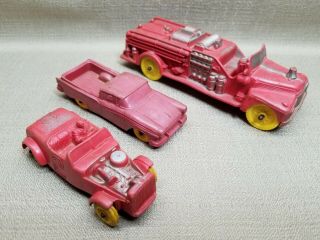 Vintage Auburn Red Rubber Fire Truck 7.  5 " L And Set Of 2 Rubber Cars 4 " L Antique