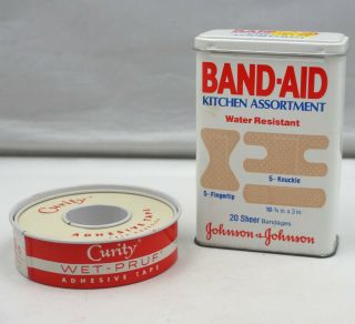 Vintage First Aid Tin Set Band - Aid Kitchen Assortment & Curity Tape