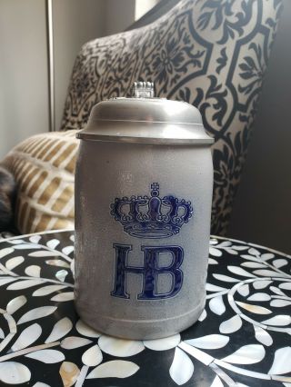 Hb Hofbrauhaus Munchen Crown Gray Stoneware West Germany Beer Stein With Lid