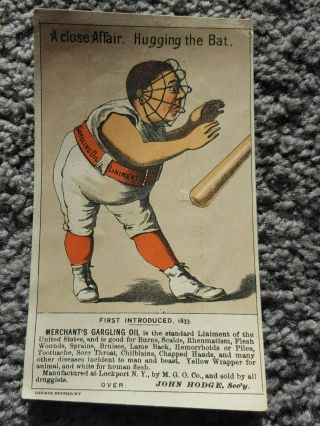 1880s Merchants Gargling Oil Baseball Card " Hugging The Bat " Card