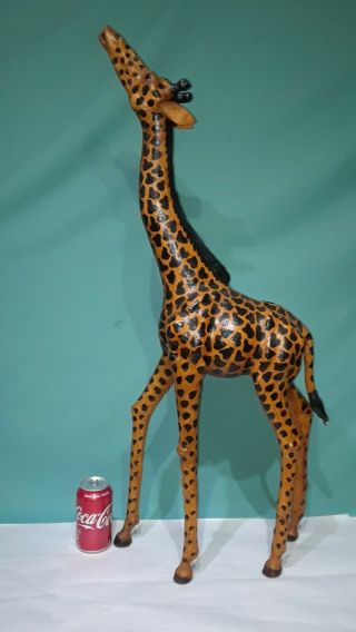 Large 35 " Tall Giraffe Goat Leather Wrapped Figure Statue Giraffes Folk Art