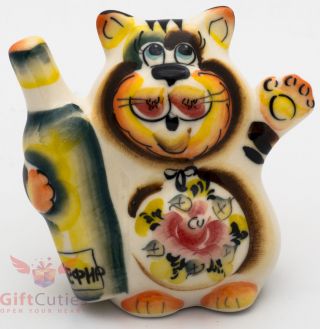 Cat Bottle Of Kefir Cartoon Collectible Gzhel Style Colorful Porcelain Figurine