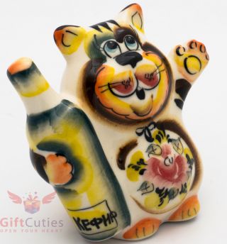 Cat bottle of Kefir cartoon Collectible Gzhel style Colorful Porcelain Figurine 2