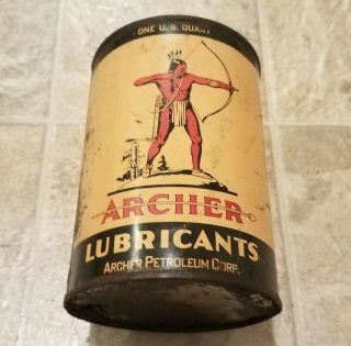 Vintage 1 Quart Archer Chief Aircraft Oil Tin Metal Can Airplane With Indian