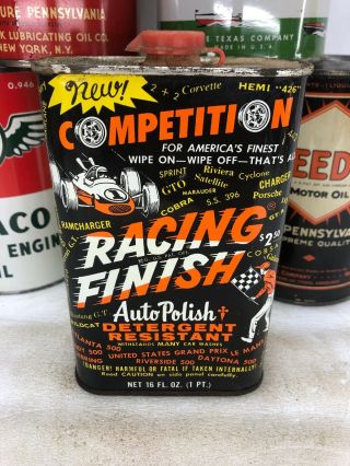 1969 Racing Products Detroit Finish Auto Polish Tin Graphics Gas Oil Motor Can