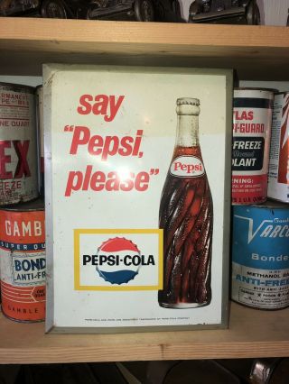 Vintage Pepsi Sign 1960’s Say Pepsi Please Tin Over Cardboard Easel - Back.  Sign