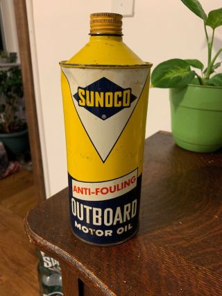 Vintage 1 Quart Tall Sunoco Outboard Motor Oil Can Near Full Rare Nr