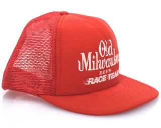 Vintage Old Milwaukee Beer Race Team Trucker Hat Cap Red Mesh Snapback Euc