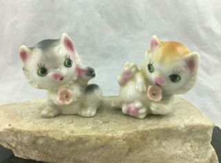 Vintage Pair 2 Small Ceramic Porcelain Playful Cat Kitten Figurines Japan