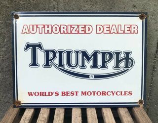 Vintage Triumph Motorcycles Dealer 14 " X 10 " Porcelain Metal Gasoline & Oil Sign