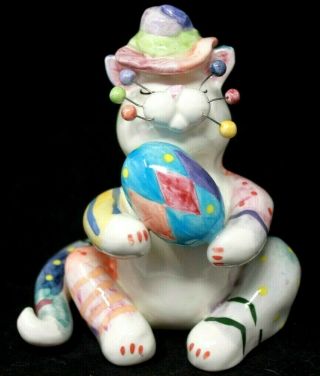 Rare 2002 Amy Lacombe Whimsiclay Ceramic Easter Cat " Eggburt ",  Annaco 5 1/4 " Ec